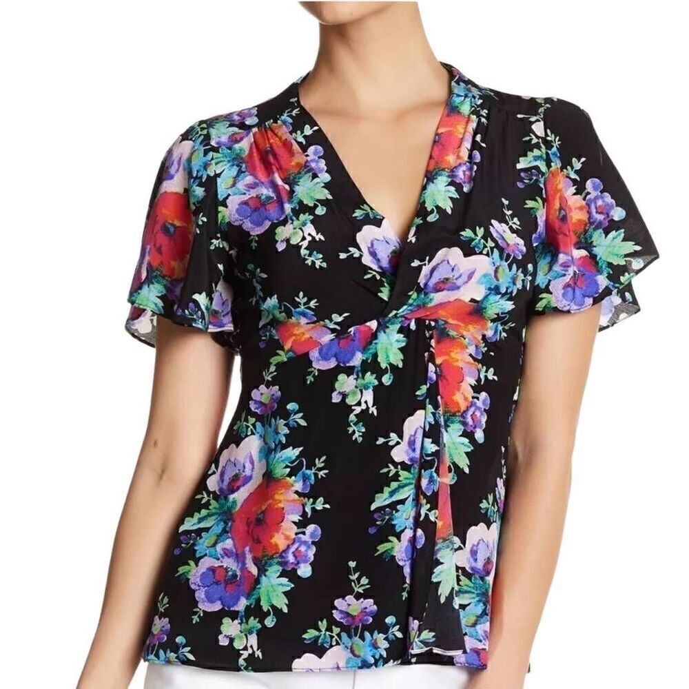 Nanette Lepore Silk Floral Poppy Top Blouse Fluter Sleeves Size 4 Y2K